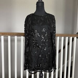 Sweet Lo 100% Silk Beaded Blouse Vintage Black Large Indie Sleeze Formal Wedding